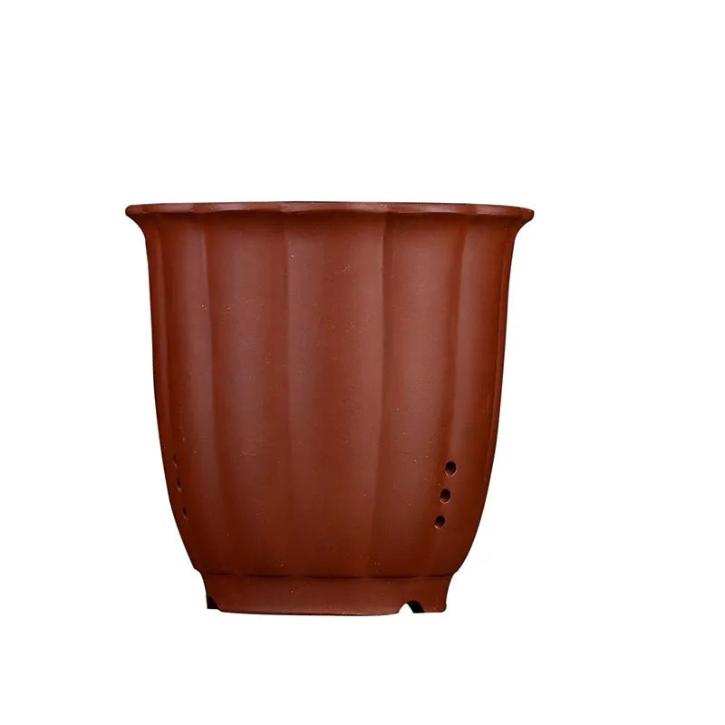 Round ceramic desktop flower pot with four drainage holes for phalaenopsis, asparagus fern or bonsai, in black, purplish red or burgundy