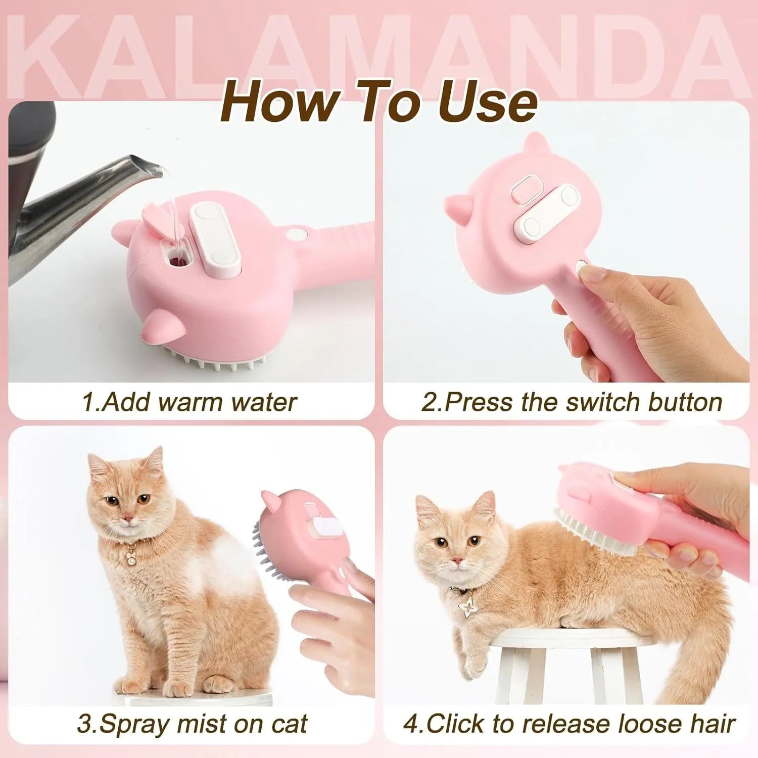 Blue cat steam brush with rubber bristles and ergonomic handle for pet grooming