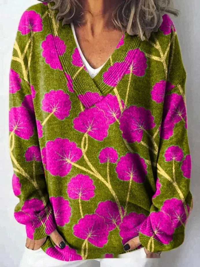 Women's V-neck long sleeve sweatshirt with a detailed 3D floral pattern print in a retro style.