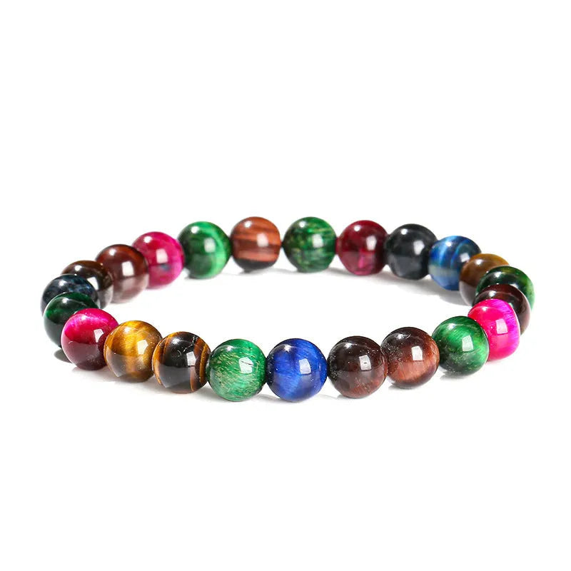 Colourful Tiger Eye stone bracelet with round beads on a mixed string, showing available sizes.