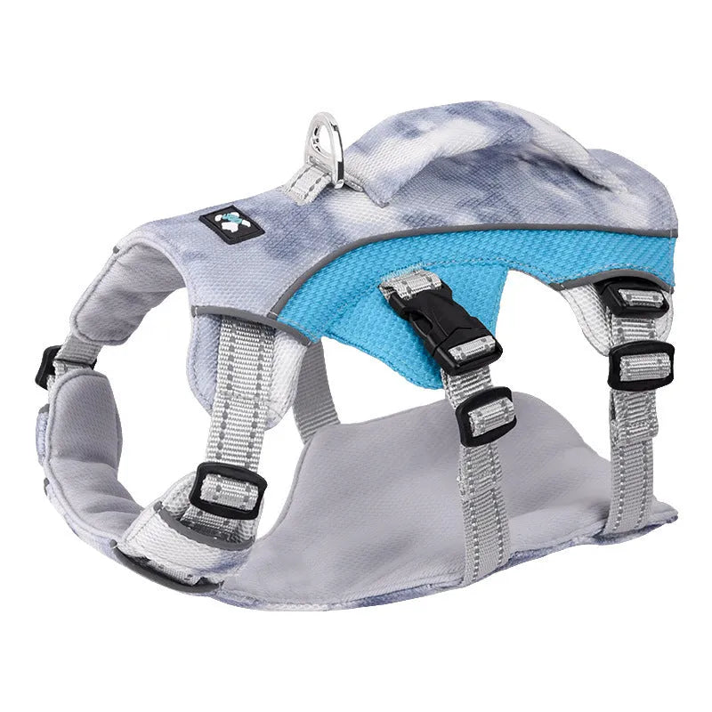 Reflective dog cooling harness chest strap in light blue colour with adjustable fittings