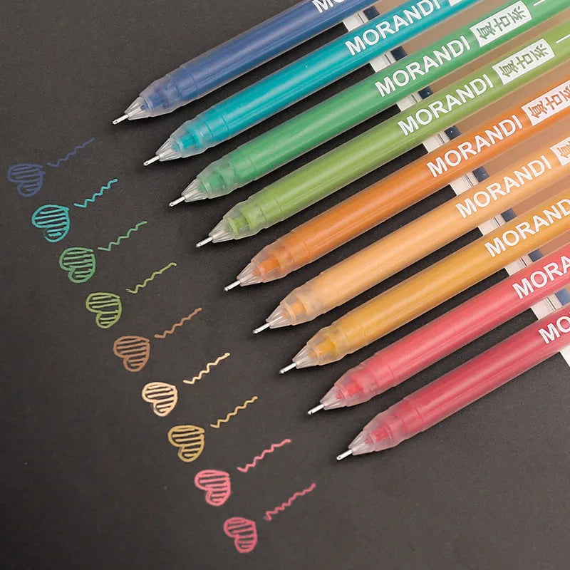 Set of nine retro-style solid-colour gel pens with 0.5mm needle tips for student notes.