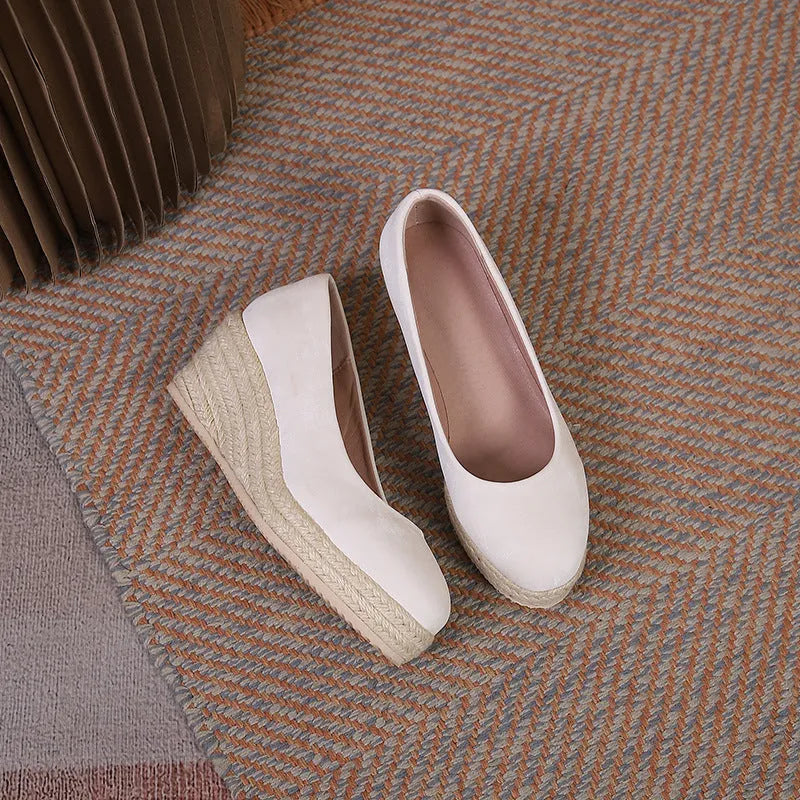 Wedge thick bottom high heel pumps in apricot colour with shallow mouth design