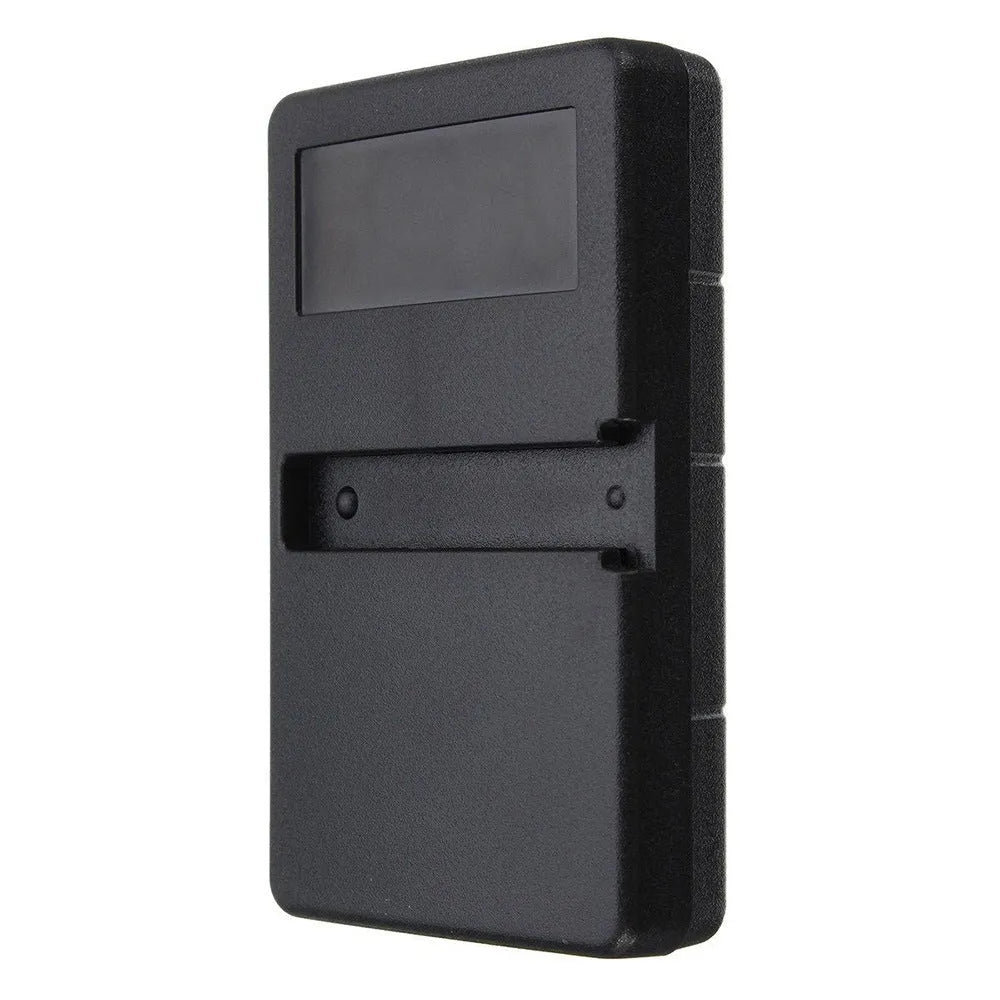 Black three-button LiftMaster garage door remote control with rolling code, showing dimensions.