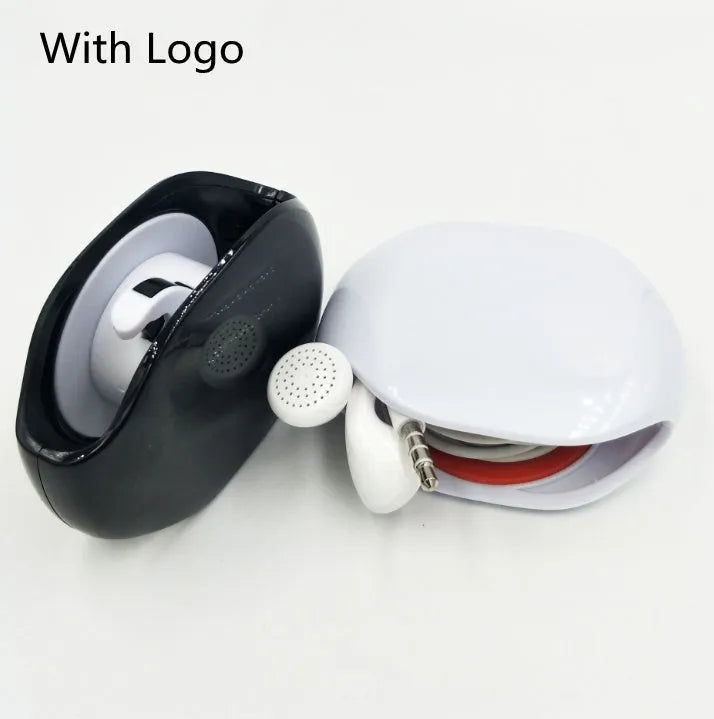 Automatic earphone cable winder retractor in PC ABS plastic, showing compact size and multiple colour options.