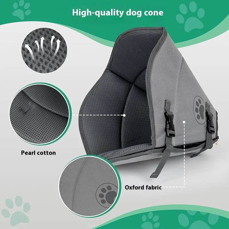 Adjustable polyester pet recovery collar shown in single-layer and double-layer styles for post-surgery care.