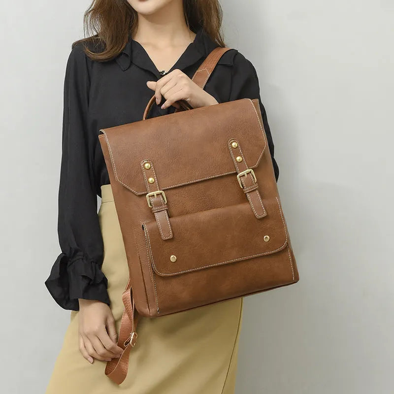 Korean style retro simple backpack in soft PU leather, shown in one of four colour options.