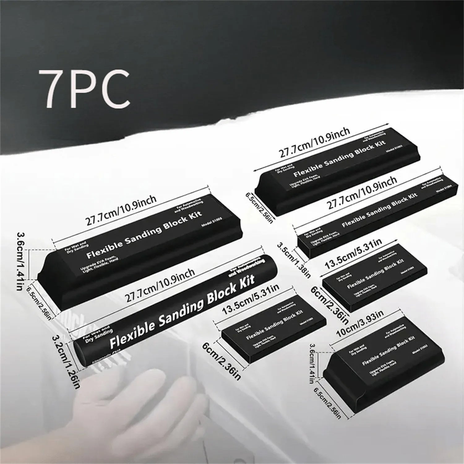 Seven black frosted EVA display blocks with metal reinforcement arranged in stacked configuration
