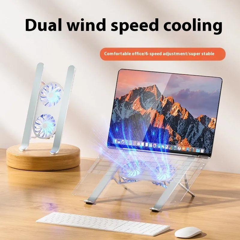 Aluminium alloy portable notebook stand with twin cooling fans in folded position