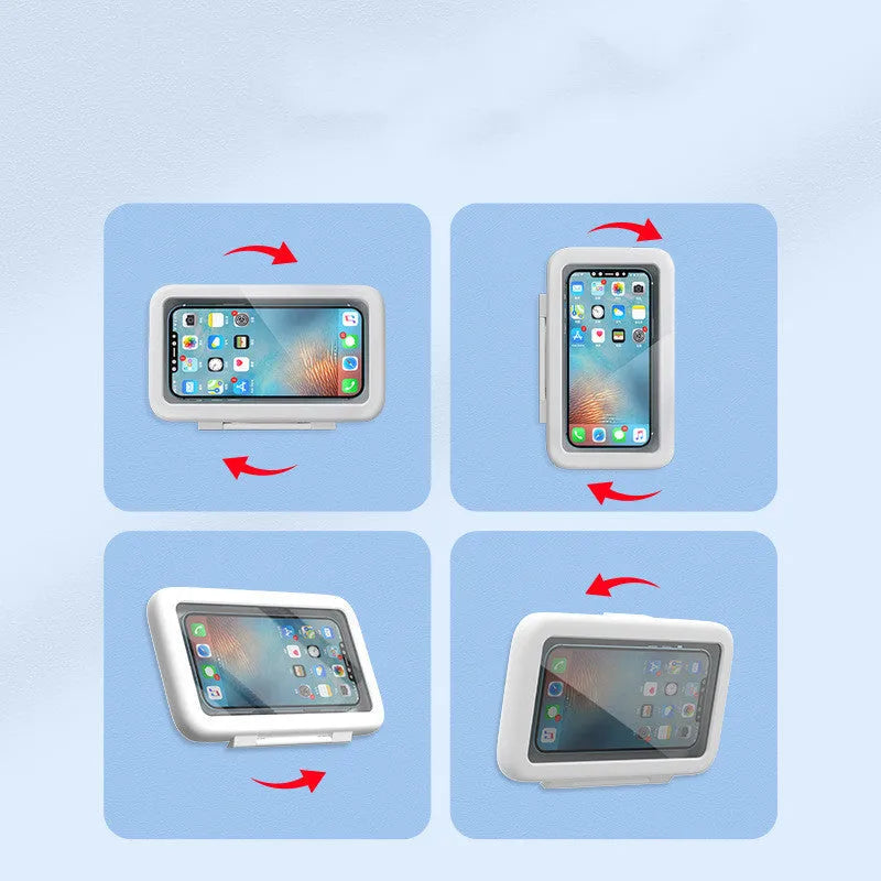 Waterproof phone holder case mounted on bathroom tile with phone visible through anti-fog window