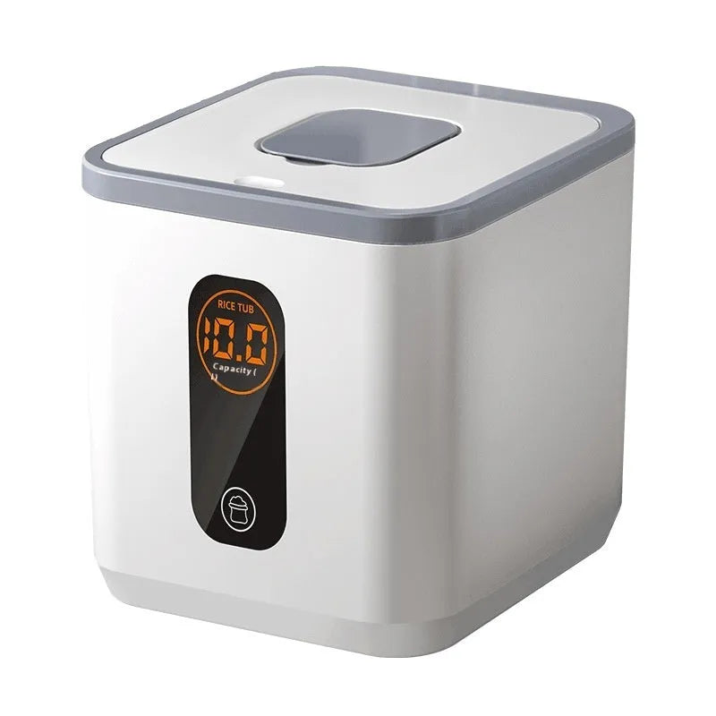 Grey plastic rice storage jar with lid and measuring cup in insect-proof moisture-proof design