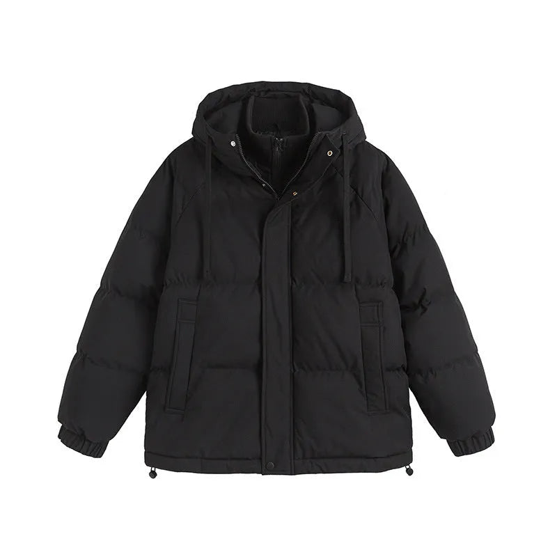 Loose winter cotton-padded coat in cardigan style with side seam pockets