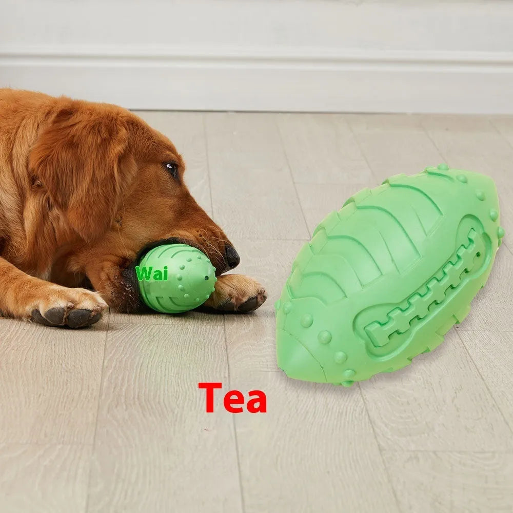 Light green thickened rubber rugby ball dog toy with bite-resistant construction.