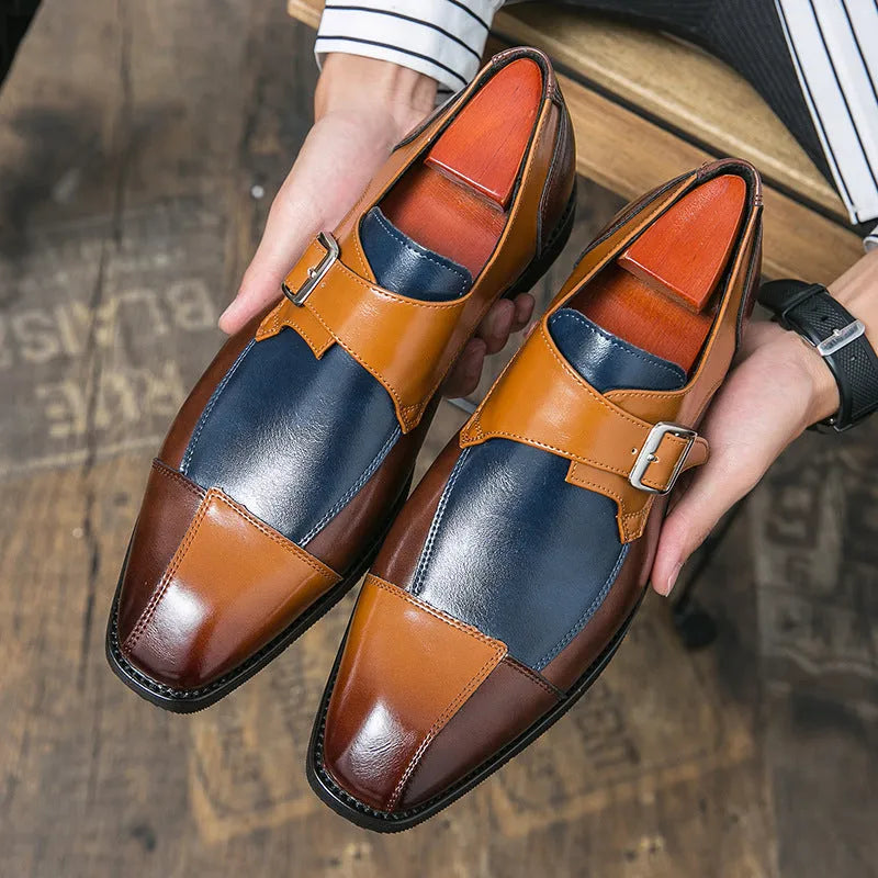 Men's British retro buckle casual shoes in black and brown blue with tall crown design