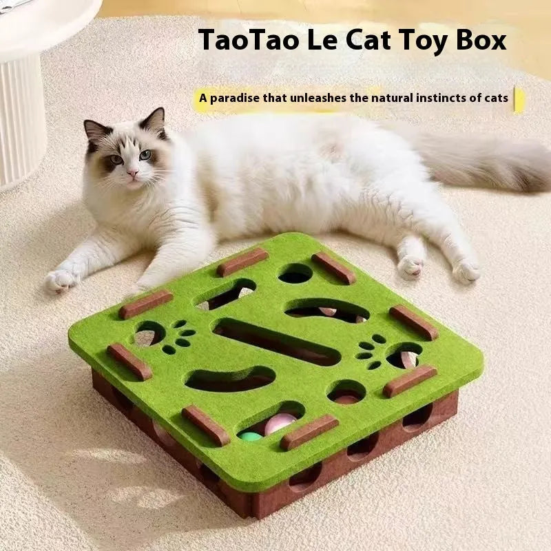 Green brown wool felt cat scratching toy box measuring 30cm with a hole in the centre.
