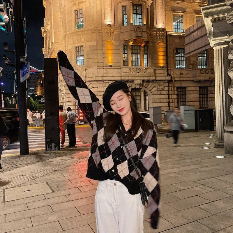 Knitted casual cardigan in macaron colours including pink, green, black for Japanese Korean style wear