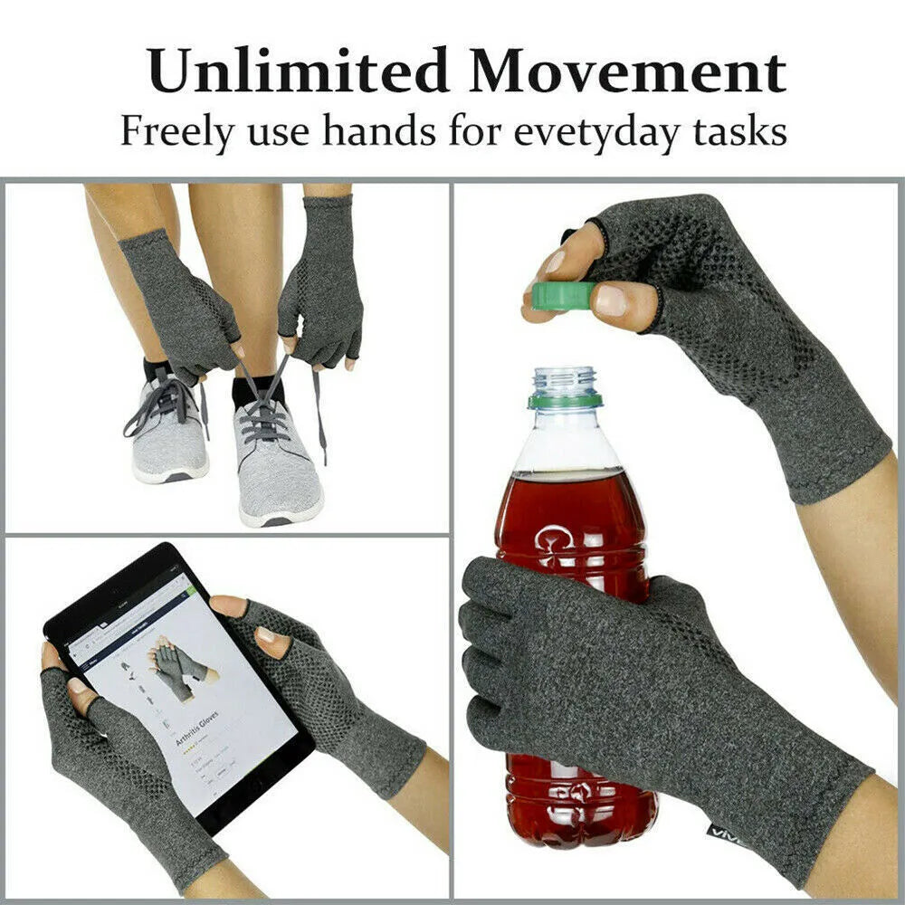 Grey half-finger joint compression gloves with anti-slip grip on a flat surface.