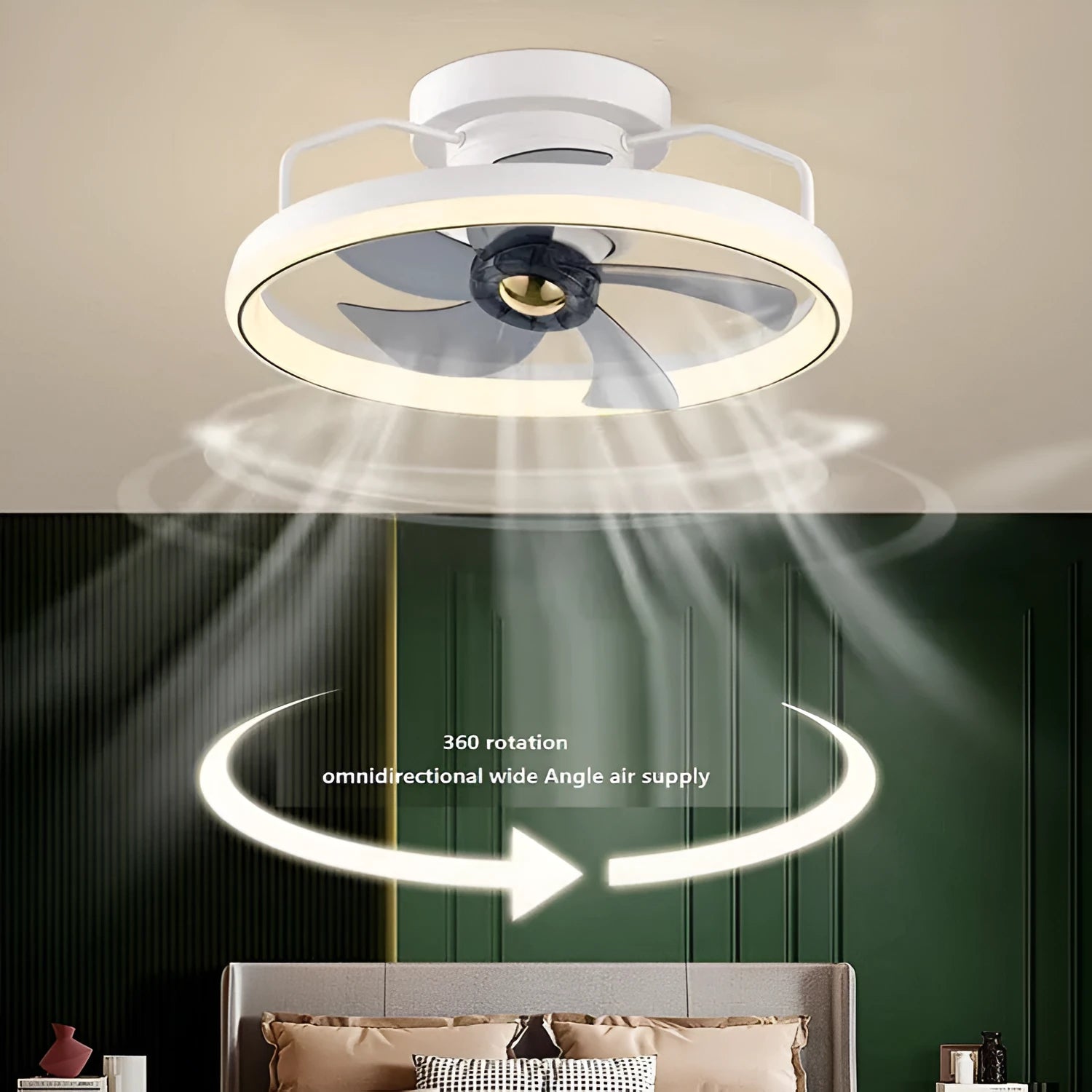 Modern ceiling fan with integrated light fixture showing 50cm diameter and acrylic lampshade