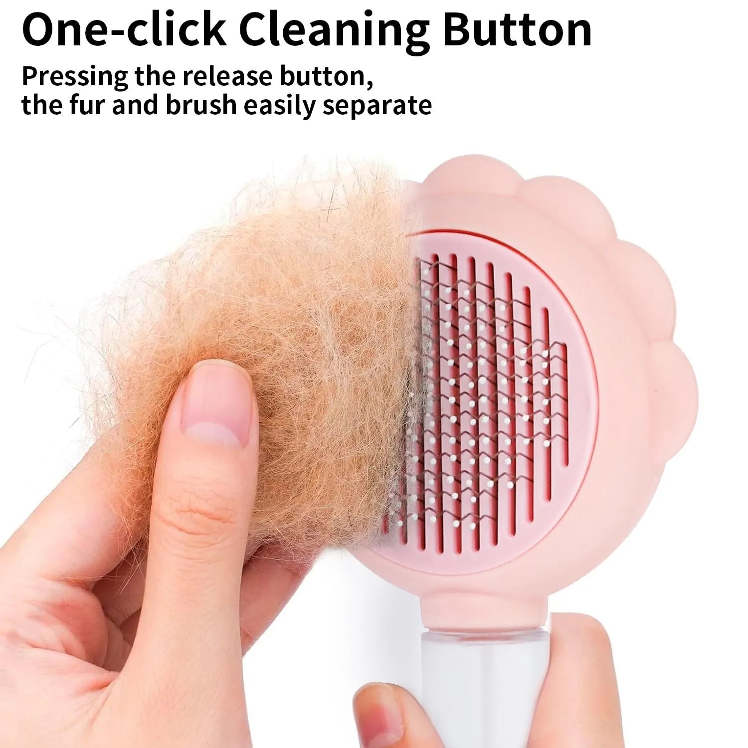 Grey spray cat brush with a release button on the handle, shown with stainless steel bristles.