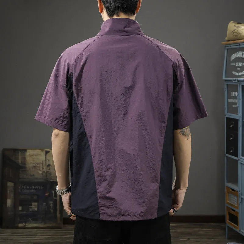 Men's brown half zipped stand collar shirt in Vinylon ice silk fabric