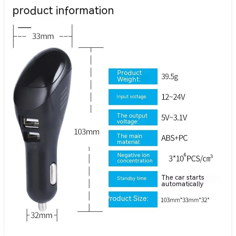 White car USB charger with integrated negative ion air purifier showing dual USB ports