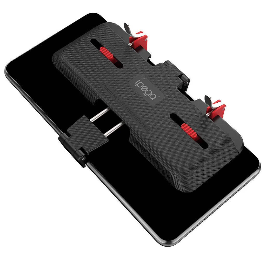 Black PG-9137 mobile phone gaming trigger bracket with adjustable metal trigger and telescopic clamping arm.