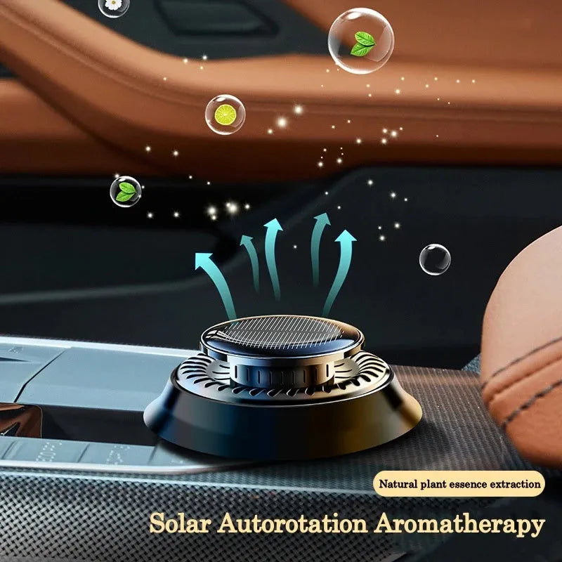 Portable solar-powered kinetic car air freshener with rotating double rings for fragrance diffusion