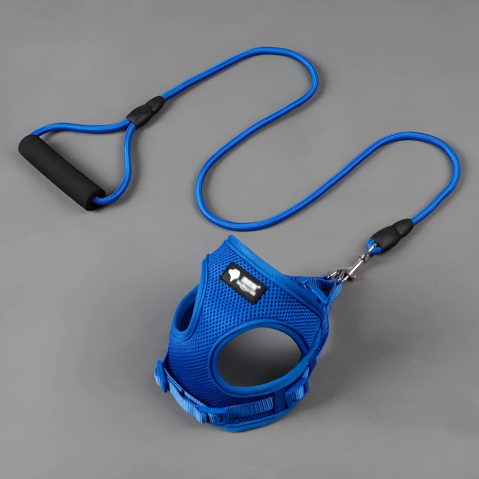 Blue dog leash with foam handle and matching collar on a white background.
