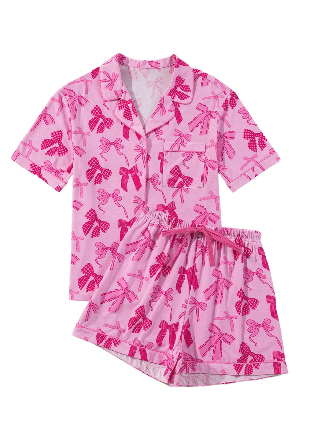 Pink two-piece polyester pajama set with a bow print, shown as a top and pants for sleepwear