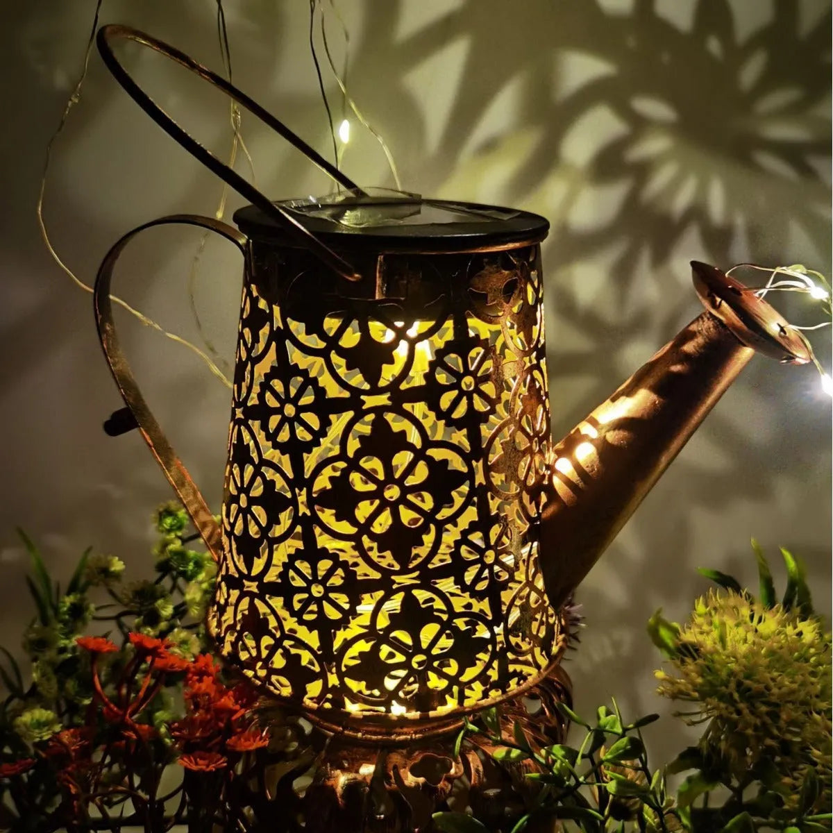 Butterfly kettle design solar courtyard light with wrought iron construction for outdoor garden placement
