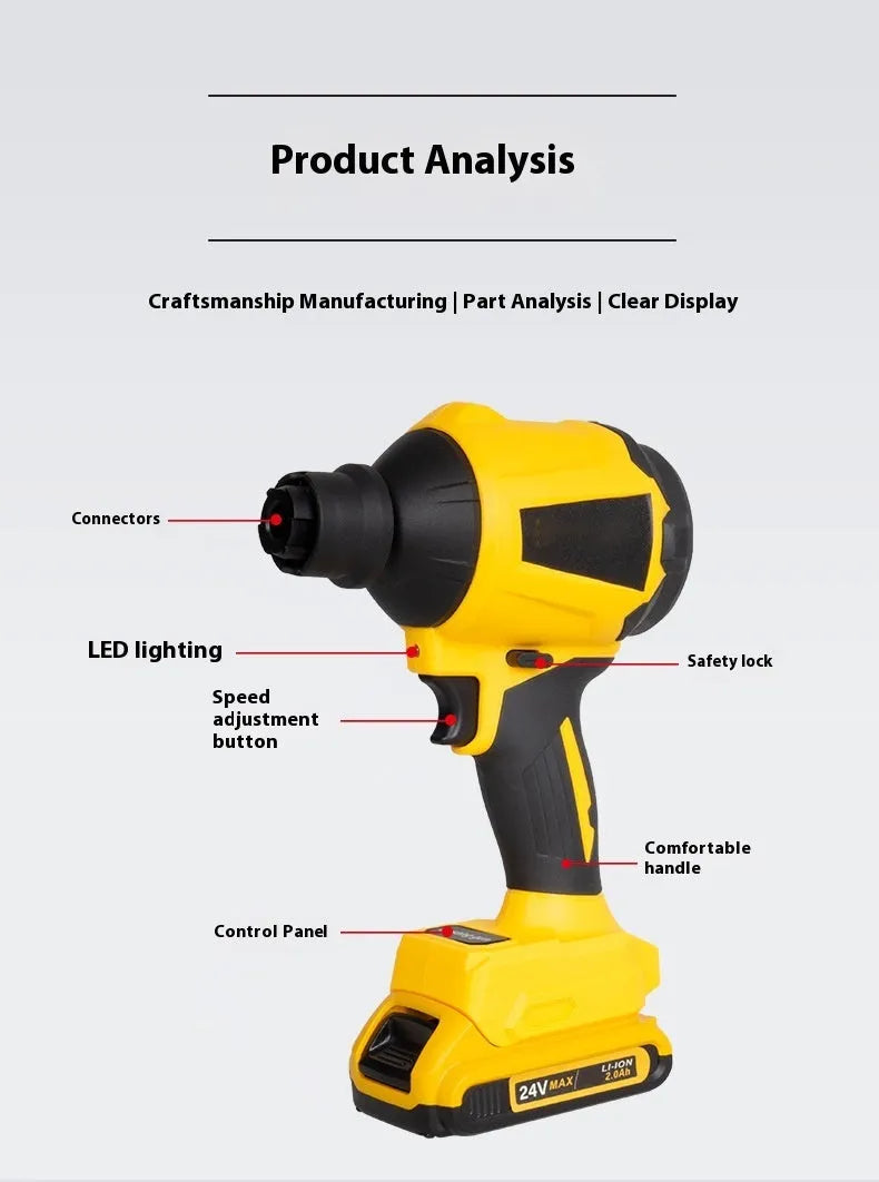 Yellow handheld battery-powered dust gun for workshop and household cleaning tasks