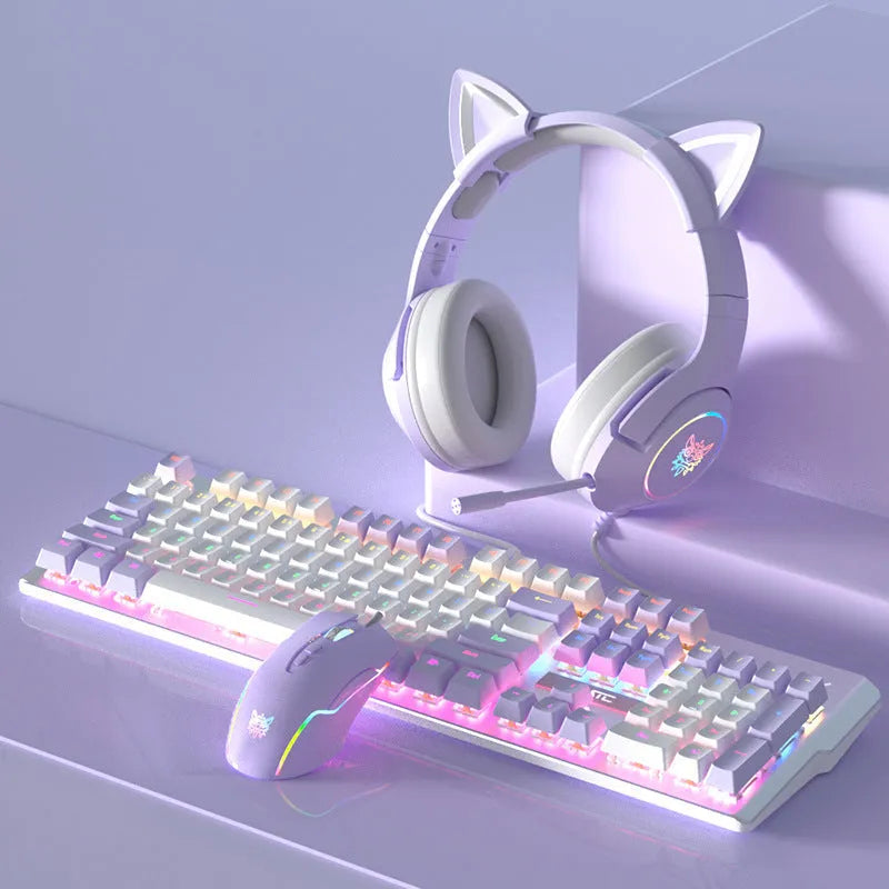 White and purple mechanical keyboard and mouse set with RGB backlight and gaming headset