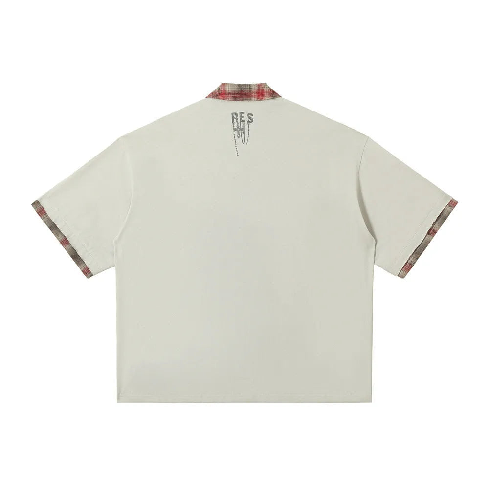Men's loose cotton top with graffiti print on lapel in blue or red colour options