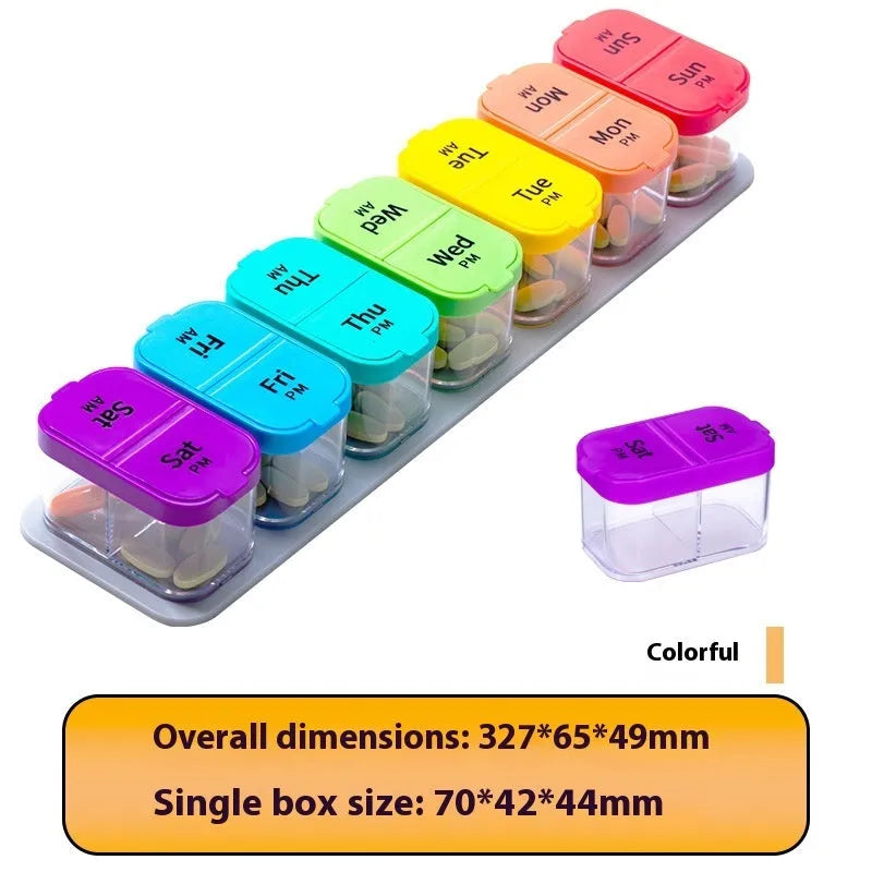White and rainbow coloured extra large plastic pill organiser with 14 removable compartments.