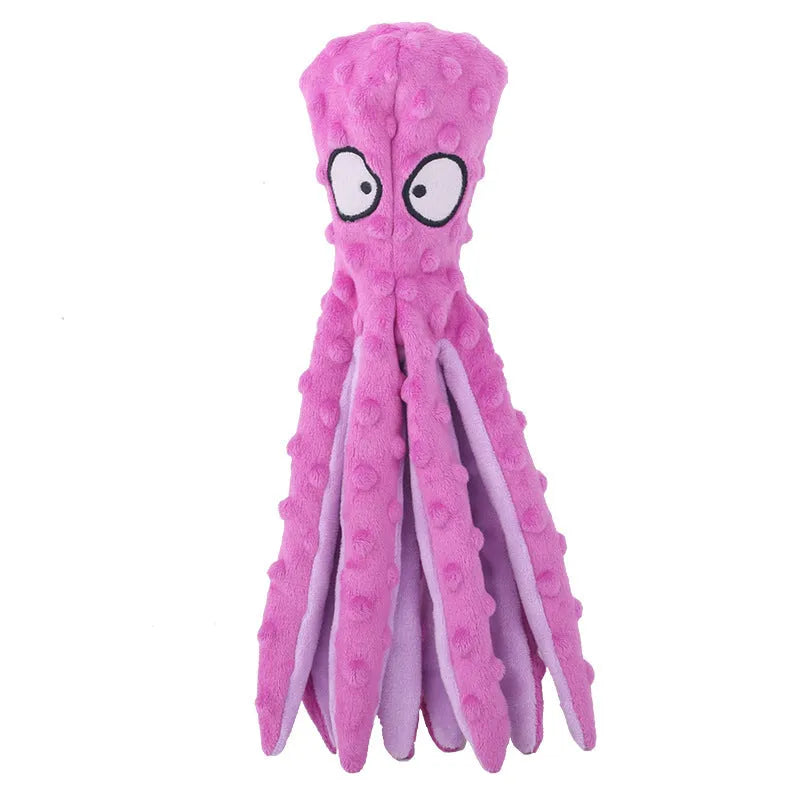 Blue octopus plush dog squeaky toy with no stuffing on a white background.