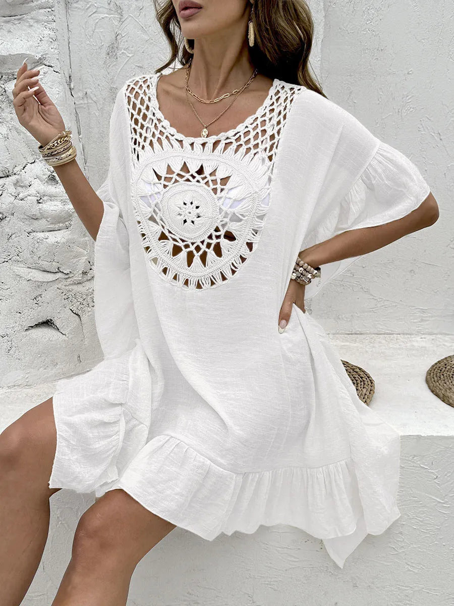 Crochet stitching tassel dress swimsuit with patchwork skirt in European street hipster style