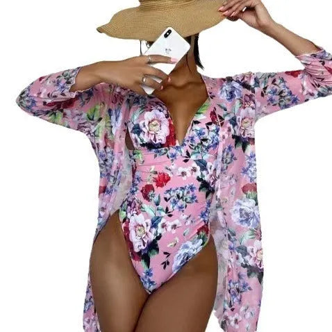 Women's floral pattern bikini three-piece swimsuit set with matching cover-up coat in polyester fabric