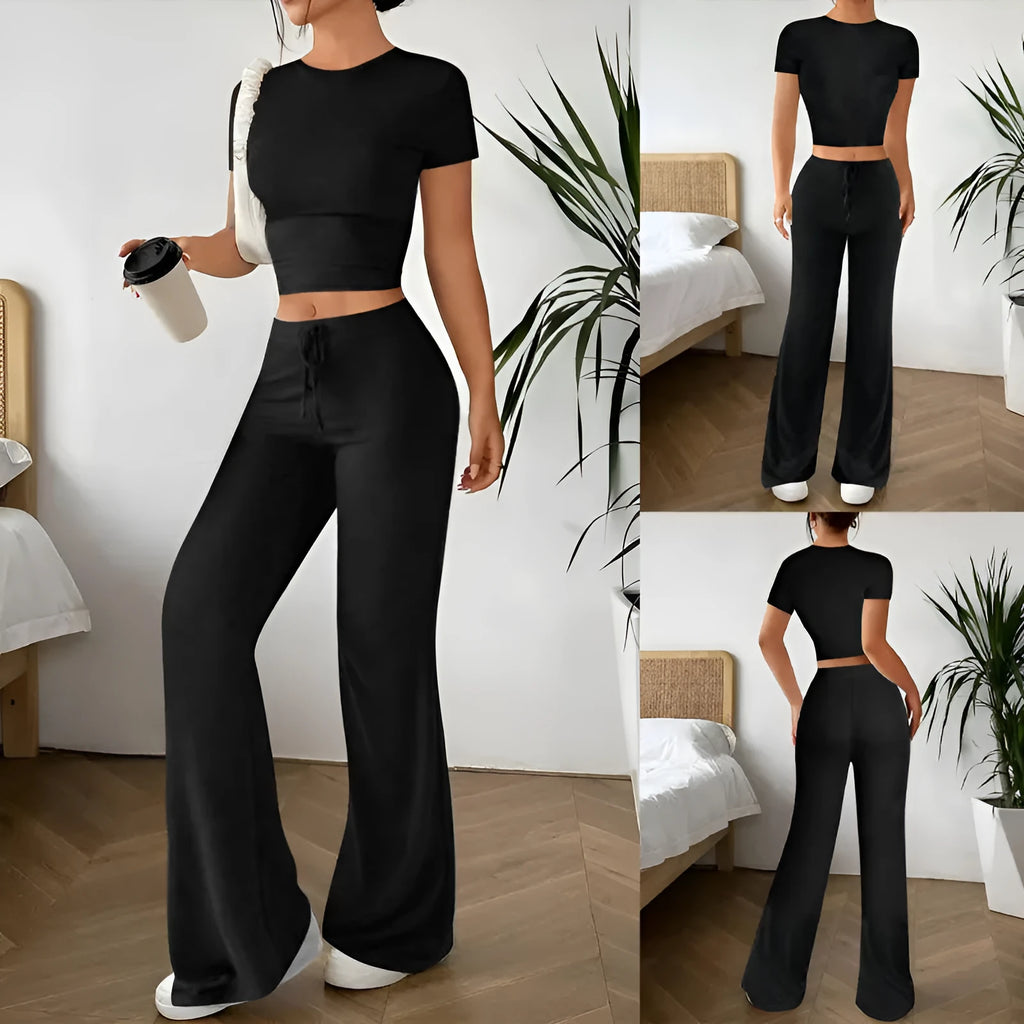 Black high-waist trousers and short-sleeve t-shirt polyester suit set displayed together