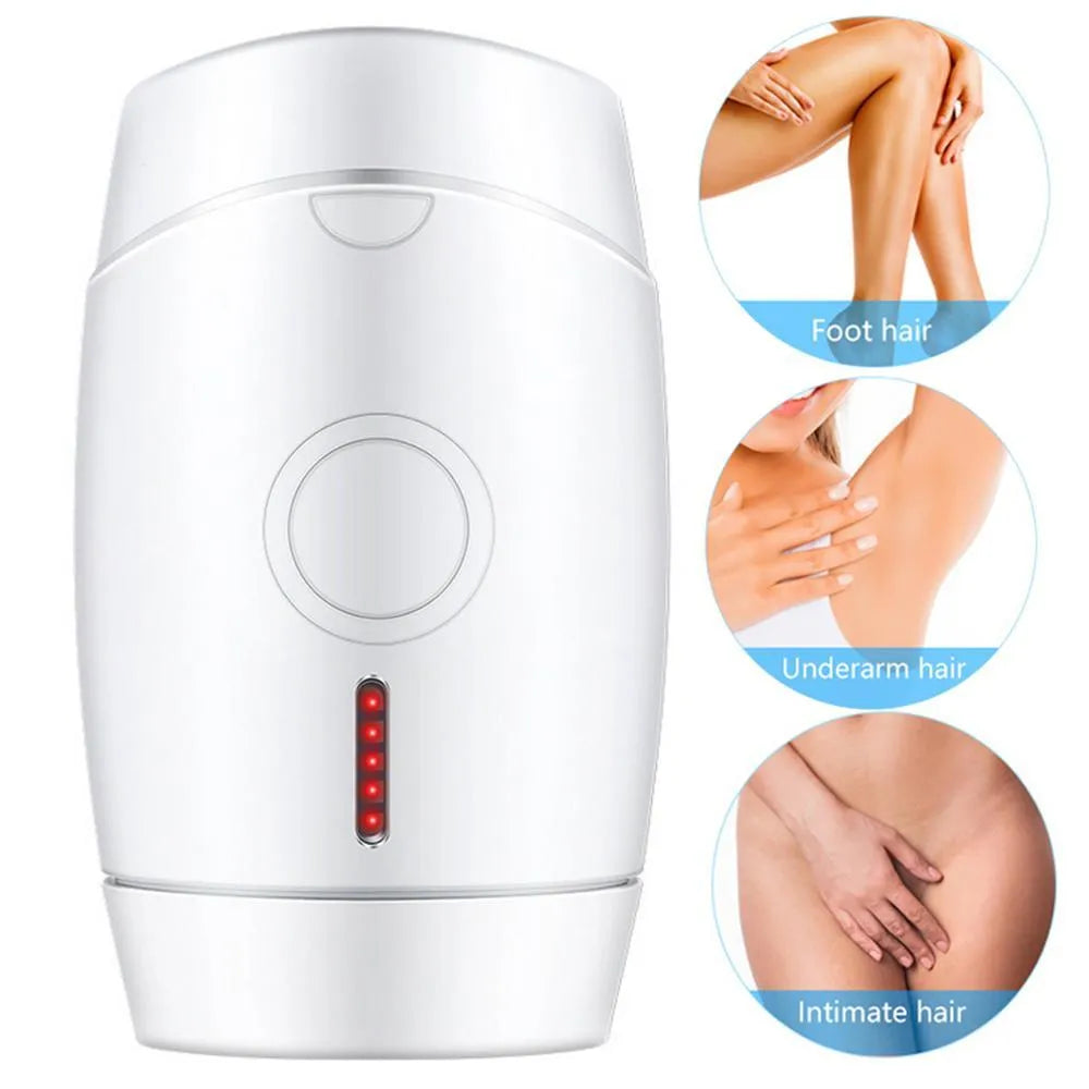 White home laser hair removal device with digital display and compact handheld design on a plain background.