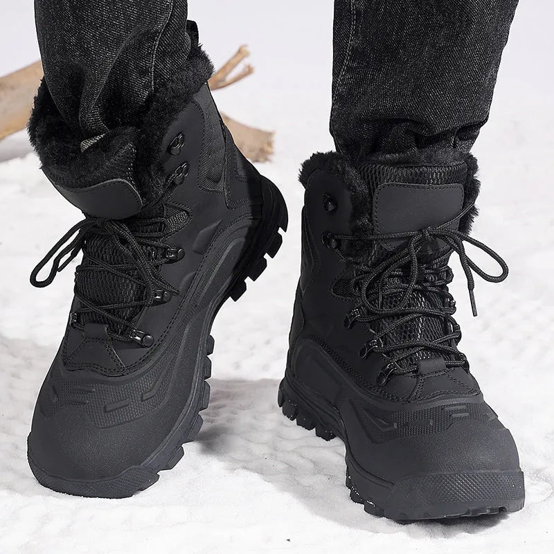 Men's black fleece-lined high-top winter boot with lace-up front and tall crown on a ribbed TPR sole.