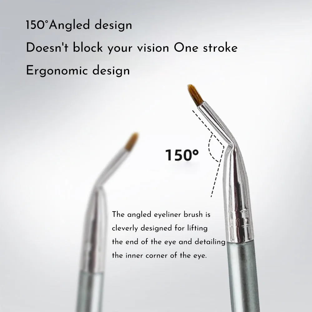 Angled bend head synthetic eyeliner brush for tear trough and under-eye concealer application.
