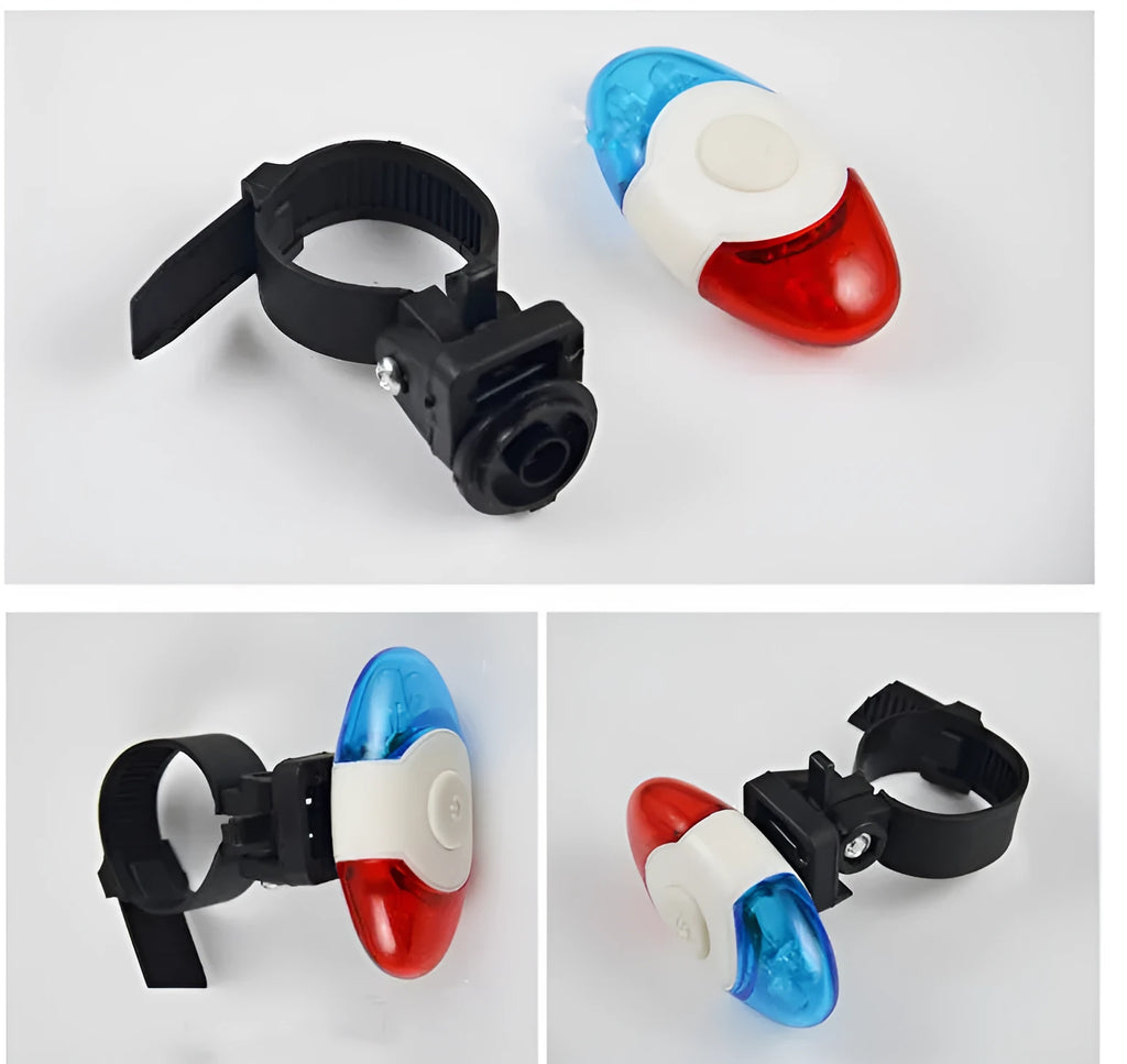 Red and blue LED tail light with adjustable mounting base shown in use.