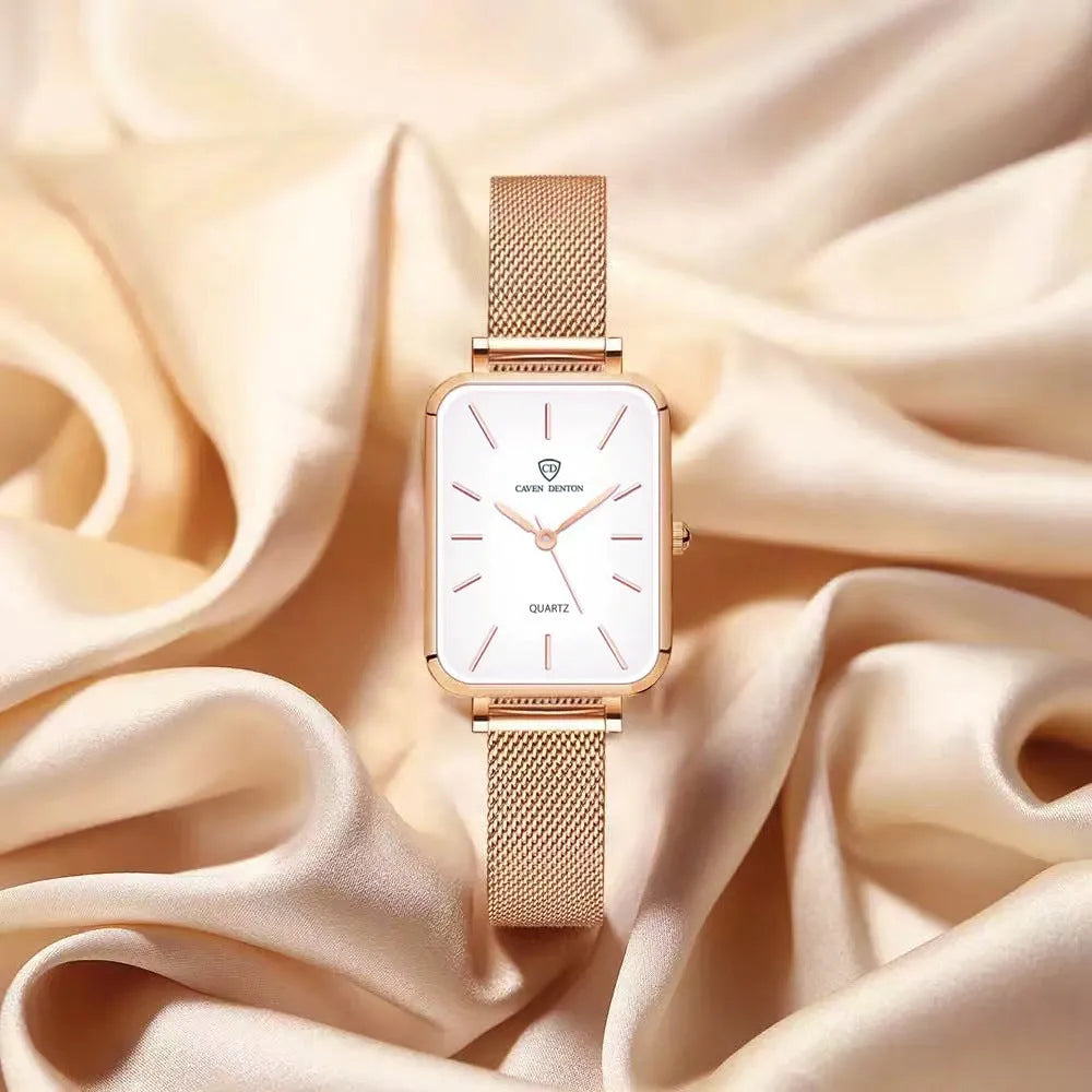 Women's waterproof quartz watch with alloy case and woven steel strap in rose gold colour