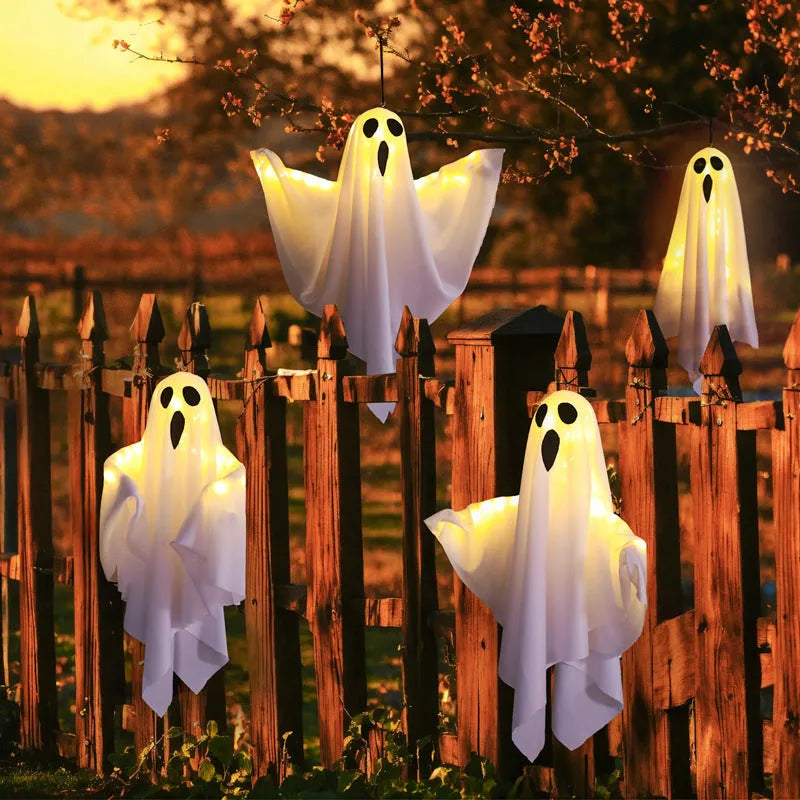 Luminous white Halloween ghost light decoration with cloth construction and 4.5V button electronics