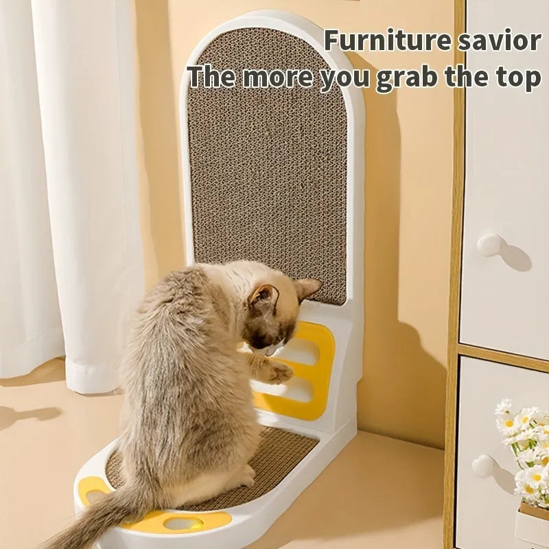 Grey L-shaped cat scratching board with vertical corrugated cardboard panel and sisal rope base.