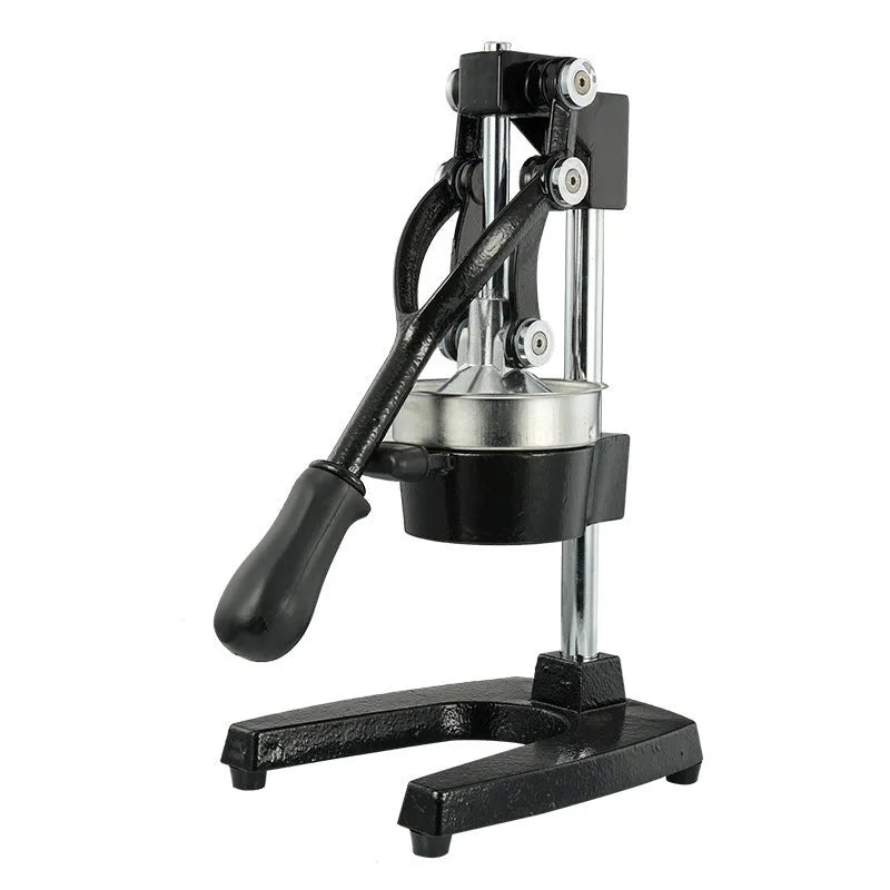 Black or white manual cast iron juicer with stainless steel funnel, 40cm tall.