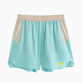 Men's loose dark grey workout shorts with a white lace-up fly front on a neutral background.