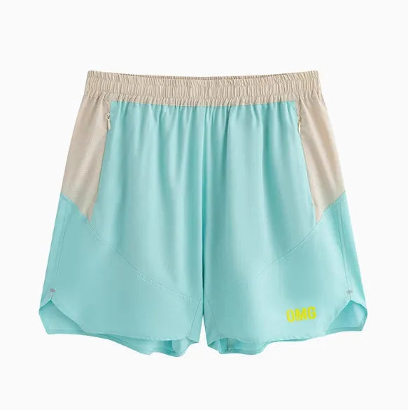 Men's loose dark grey workout shorts with a white lace-up fly front on a neutral background.