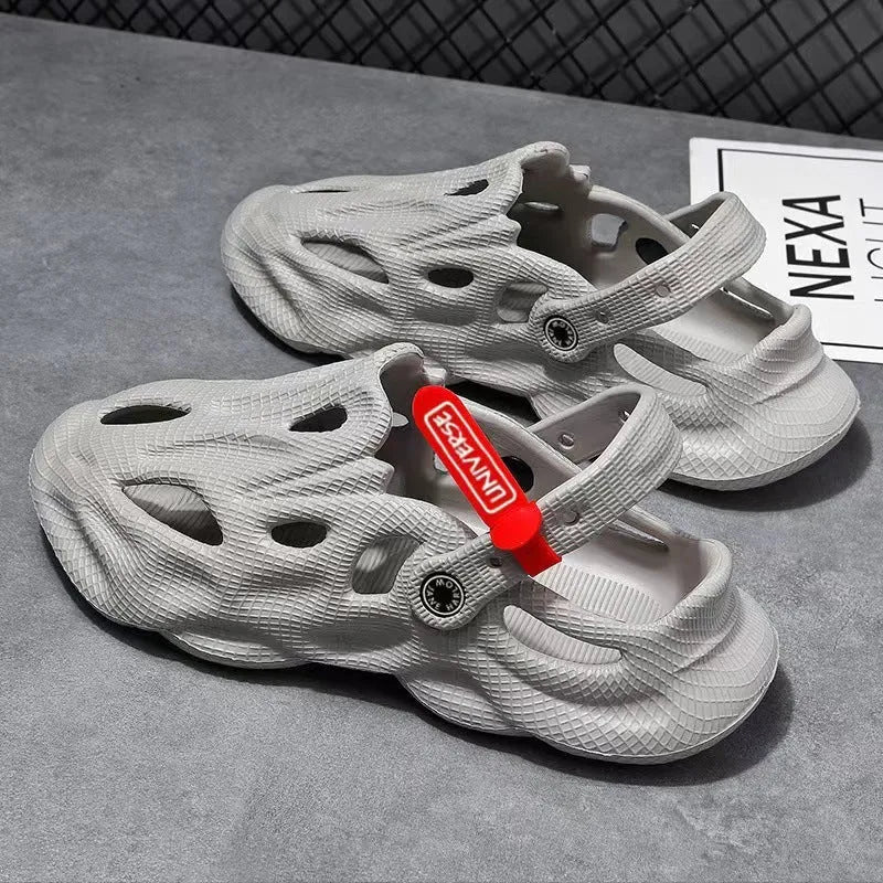 Coconut EVA closed toe slippers in grey colour showing hole pattern design and Korean style