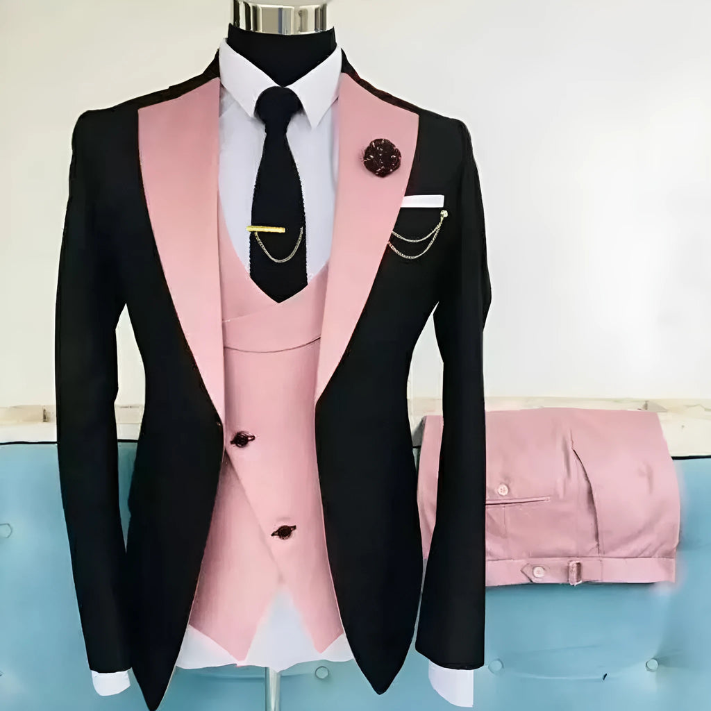 Men's slim fit cotton three-piece suit in light business style for weddings, showing coat, vest, and trousers.